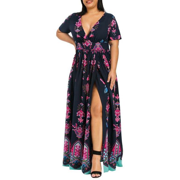 Plus Size Kleider Mode Frauen Maxi Kleid Retro Druck V-ausschnitt Kurzarm Casual Elegante Damen Sommer Hohe Schlitz Lange # G1