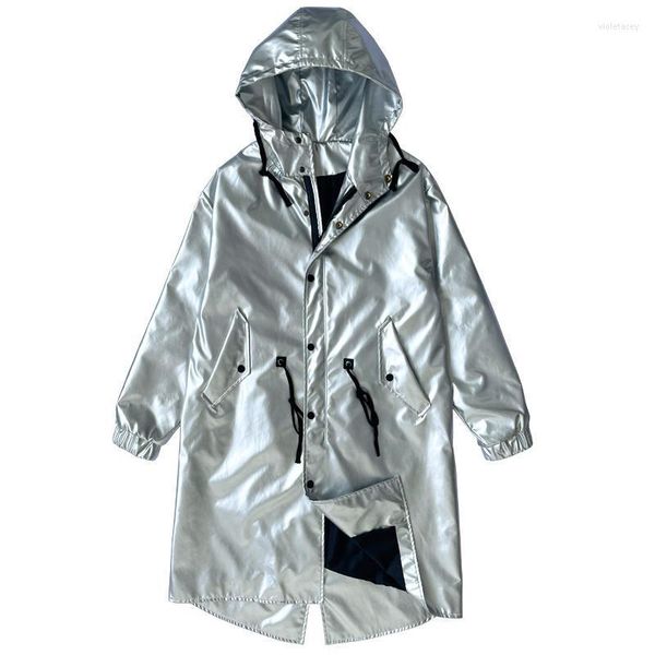 Trench da uomo Performance Cappotto lungo da uomo Shiny Night Club Stage Dance Mantello Mantello Capote Masculino Oro Argento Viol22