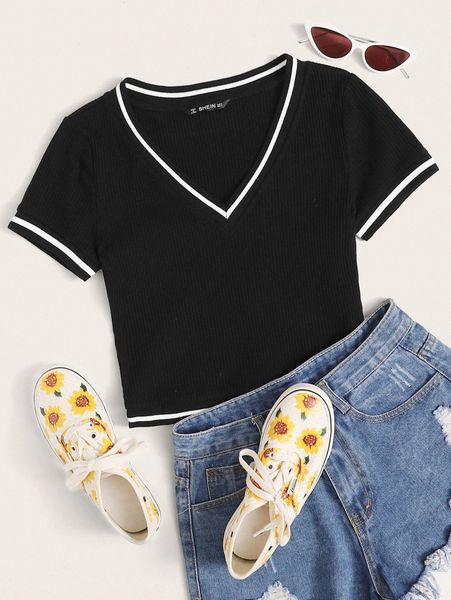 

contrast striped tape rib-knit crop tee b1re#, White