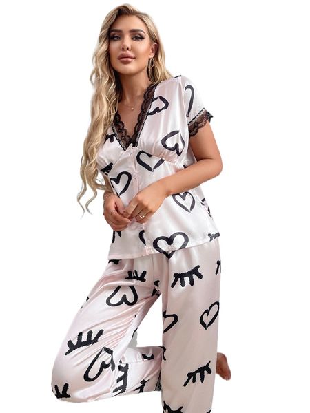 

heart print contrast lace satin pj set h57v#, Black;red
