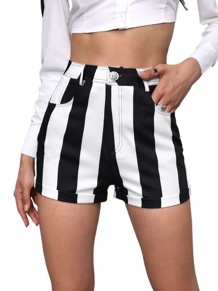 

high waist colorblock roll up hem straight leg shorts g3q4#, White;black