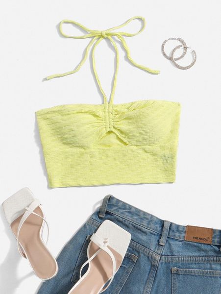 

drawstring cut out front crop halter r1zl#, White