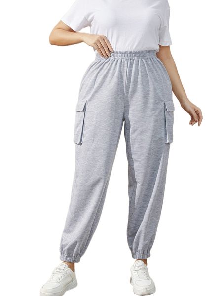 

plus elastic waist flap pocket sweatpants h3sb#, Black