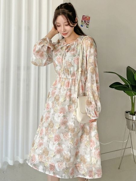 

dazy allover floral print tie neck bishop sleeve dress m3uh#, Black;gray