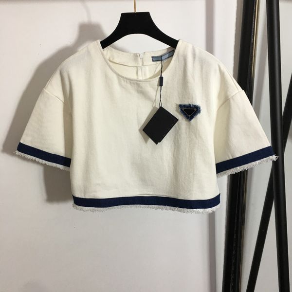 

stylish letter triangle decoration tees short sleeves tee short open navel denim t shirt, White