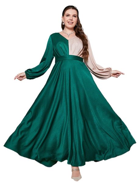 

plus colorblock v neck bishop sleeve dress w7ez#, Black