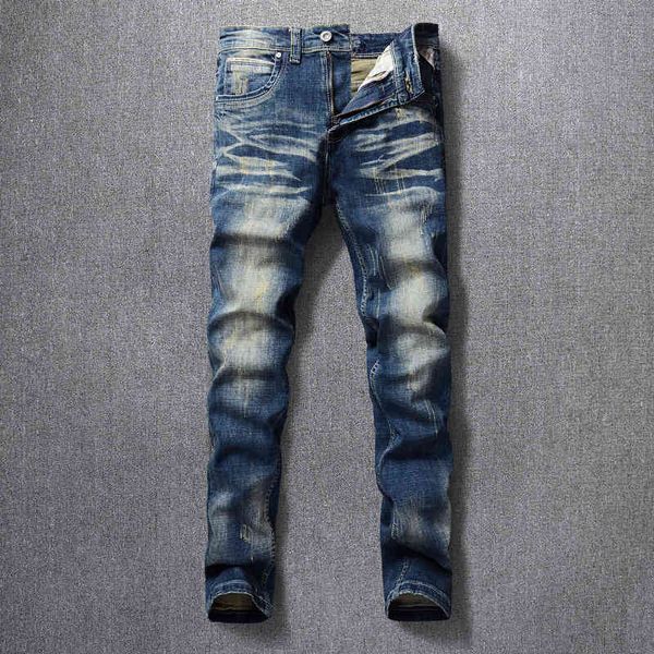 

men's jeans spring and summer blue denim pants men's embroidery hole patch ruffian handsome nostalgic elastic slim small straight