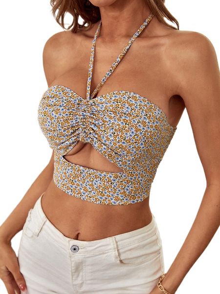 

allover floral print shirred tie backless drawstring crop halter c0rf#, White