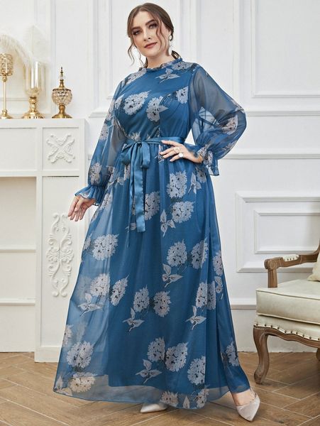 

plus floral print flounce sleeve belted maxi dress n6jq#, Black