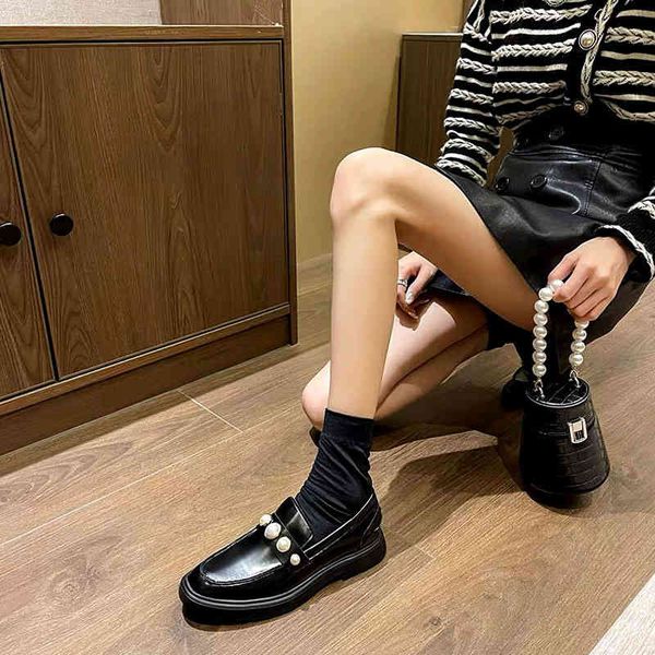

dress shoes sw pearl lefu shoes women's spring black single open bead cow leather casual british small