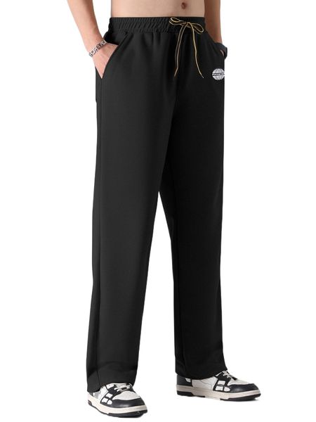 

men letter patched waffle knit slant pocket pants j9xl#, Black