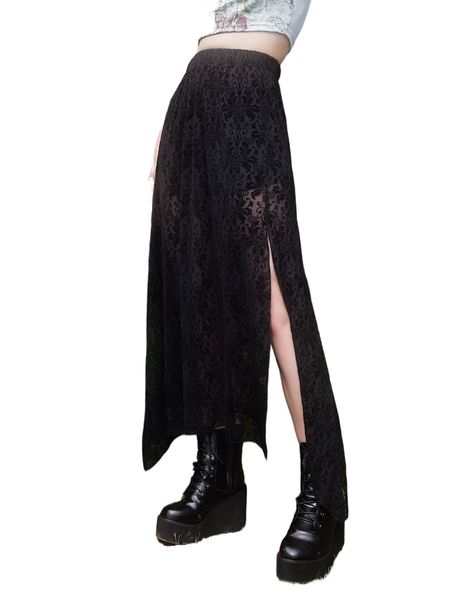 

romwe fairy grunge mesh graphic print split thigh skirt m3wk#, Black