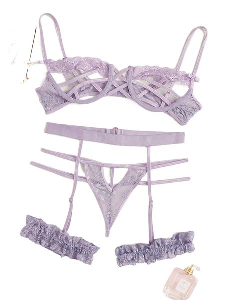 

floral lace underwire lingerie set with garter y9ha#, Black;red