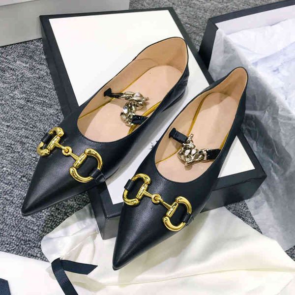 

dress shoes pointed flat shoes women's summer horse rank buckle one-line chain casual single women, Black
