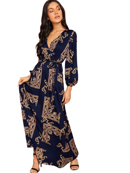 

baroque print belted wrap maxi dress k5hp#, Black;gray