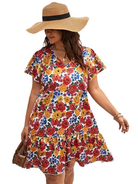 

plus allover floral print ruffle hem dress 273n#, Black