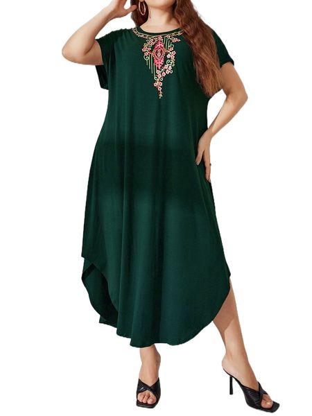 

plus floral print batwing sleeve curved hem tee dress 56ao#, Black