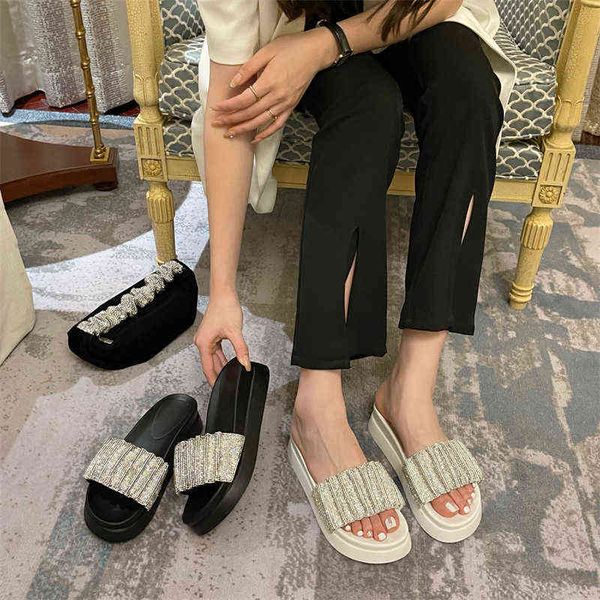 

rhinestone sandals 2022 summer new style small fragrance thick soled flat shoes, versatile leisure fairy word sandals, Black