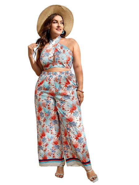 

plus coral & starfish print backless crop halter & wide leg pants l1uv#, Black