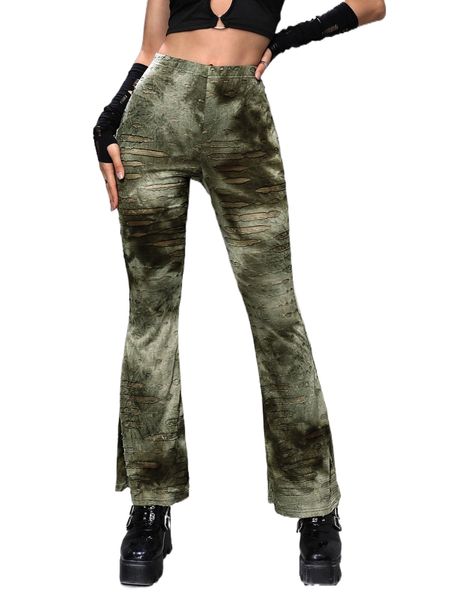 

tie dye ripped flare leg pants b501#, Black;white