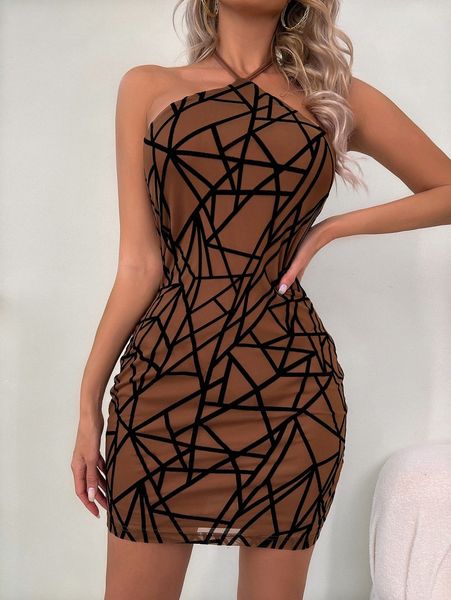 

geo print tie backless bodycon dress u7dp#, Black;gray