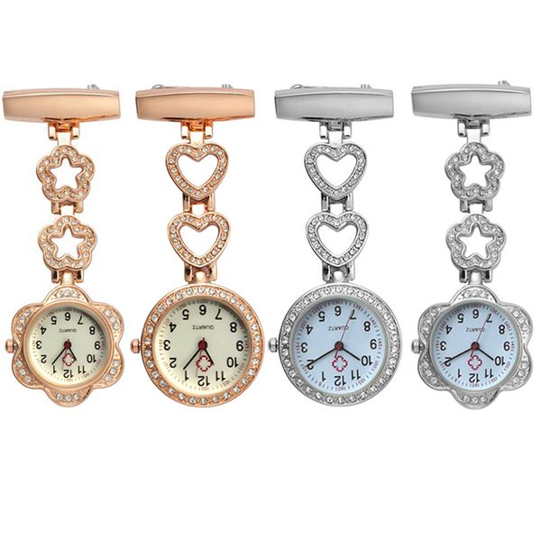 

fashion watch women men diamond pocket nurse clock doctor pin brooch steel crystal rose gold heart flower fob nurse watches gift, Slivery;golden