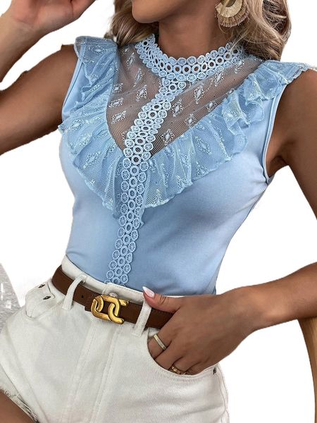 

guipure lace panel ruffle trim mock neck 47u9#, White