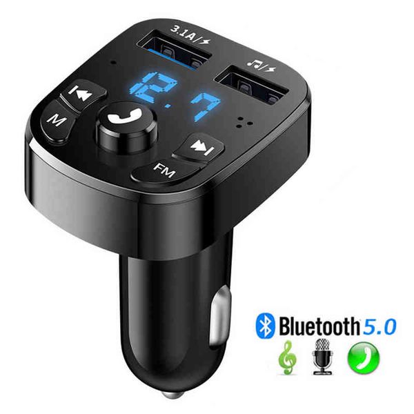 Bluetooth 5.0 Carregador de carro duplo Kit de carro USB FM Transmissor Audio MP3 Player Autoradio Handsfree 3.1a 12-24V para iPhone Samsung W220328