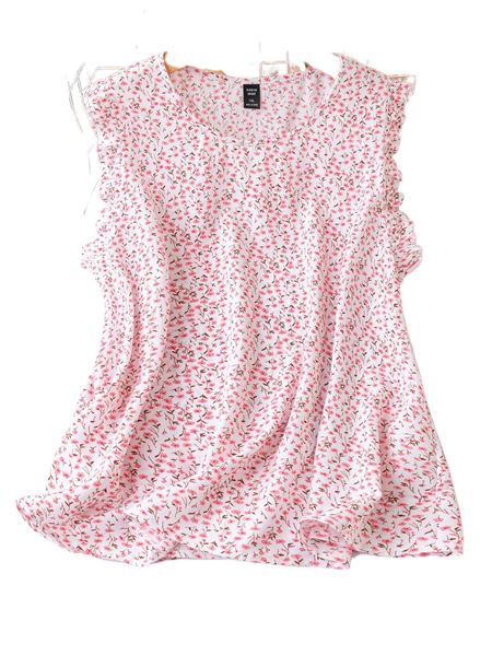 

plus ditsy floral print ruffle trim blouse 83ga#, Black