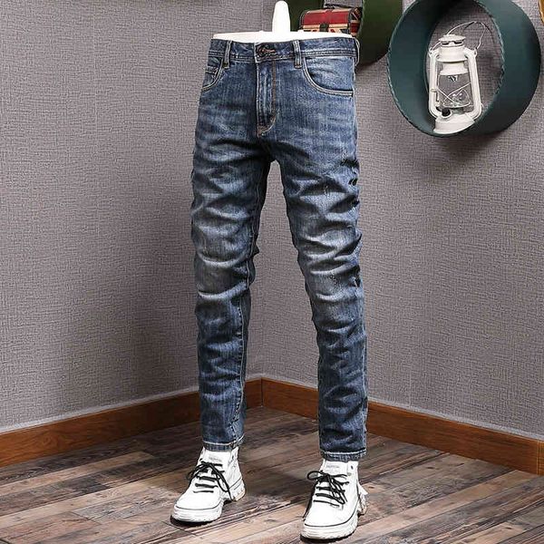 

men's jeans fashionable and simple men's slim straight leg jeans elastic fashion brand youth leisure emqw, Blue