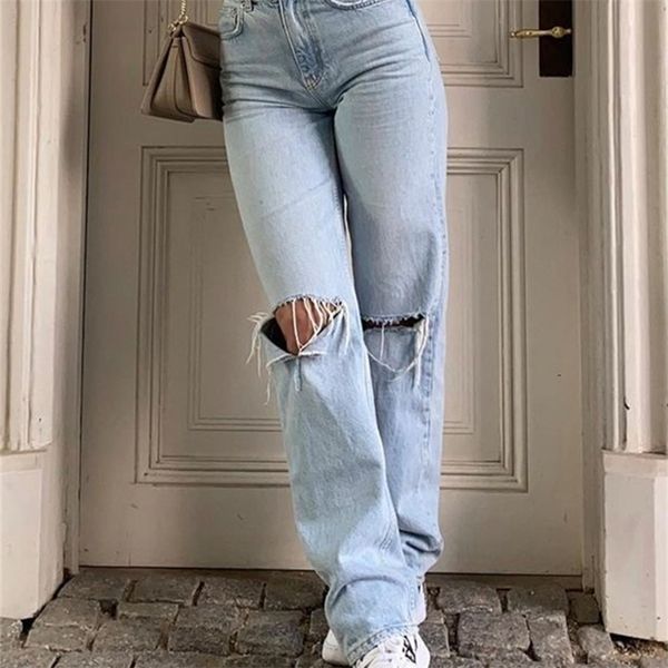 

womens loose fit jeans ripped wide leg for women high waist blue wash casual cotton denim trousers summer baggy jean pants 220701