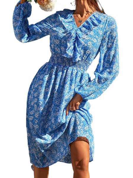 

floral print shirred waist ruffle trim lantern sleeve dress 96uv#, Black;gray