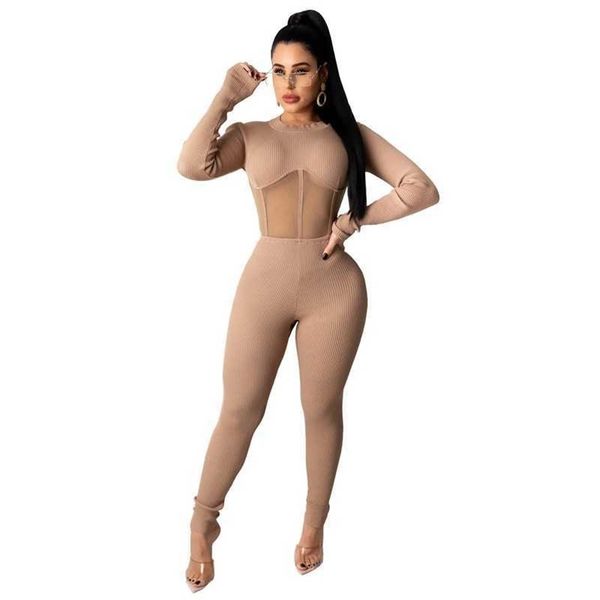 Khaki Mesh Patchwork Manica lunga See Through Pagliaccetti Abiti da club sexy Abiti autunnali Tuta lavorata a maglia Donna Taglie forti 210709