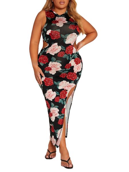 

sxy plus floral print split thigh dress d5uf#, Black