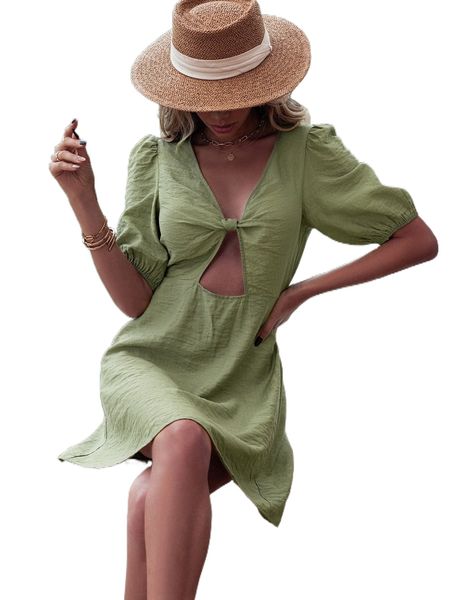 

cut out twist puff sleeve dress 014n#, Black;gray