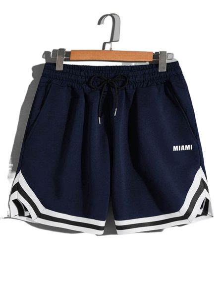 

men letter graphic striped trim drawstring waist shorts j7bl#, White;black