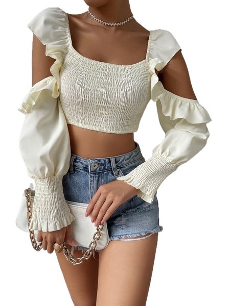 

cold shoulder shirred ruffle trim flounce sleeve crop blouse g4jx#, White