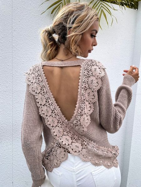 

guipure lace trim open back sweater c4to#, White;black