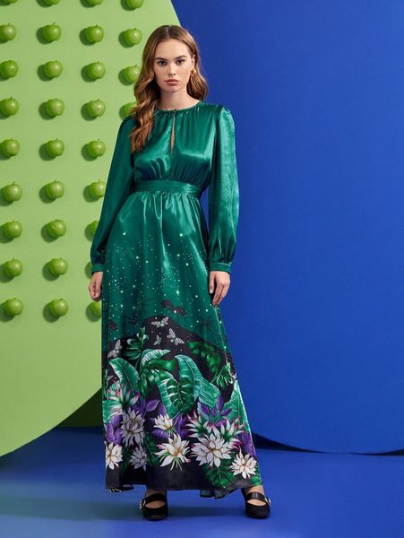 

x daniela castro tropical print tie back maxi dress x9i6#, Black;gray