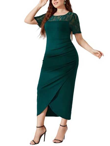 

plus lace insert ruched side tulip hem dress 9479#, Black