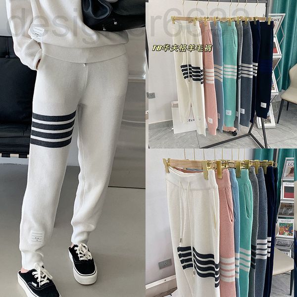 

women's jeans designer tb waffle leisure sports suit loose men's and women's autumn winter four bar wool knitted sweater pant, Blue