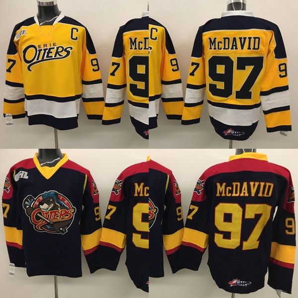 Кино-хоккей Erie Otters 97 Connor McDavid Jersey Slap All Stitched Black Color Away Breathable Sport Sale Высокое качество Желтый Premier OHL с сертификатом подлинности Трикотажные изделия