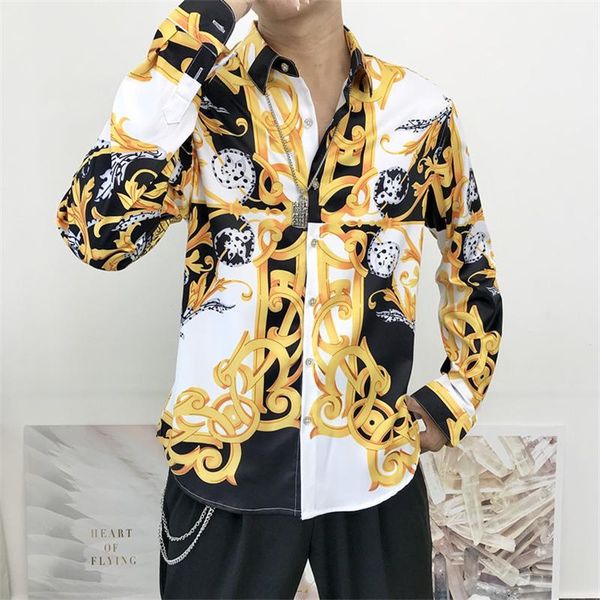 Männer Casual Hemden Luxus Druck Männer Hemd Langarm Vintage Gold Barock Designer Kleid Streetwear Camisa Feminina 2022 Camicie UomoMen's