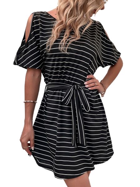 

cold shoulder striped belted dress l5dv#, Black;gray