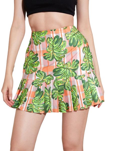 

x gr tropical print pleated ruffle hem skirt y0np#, Black