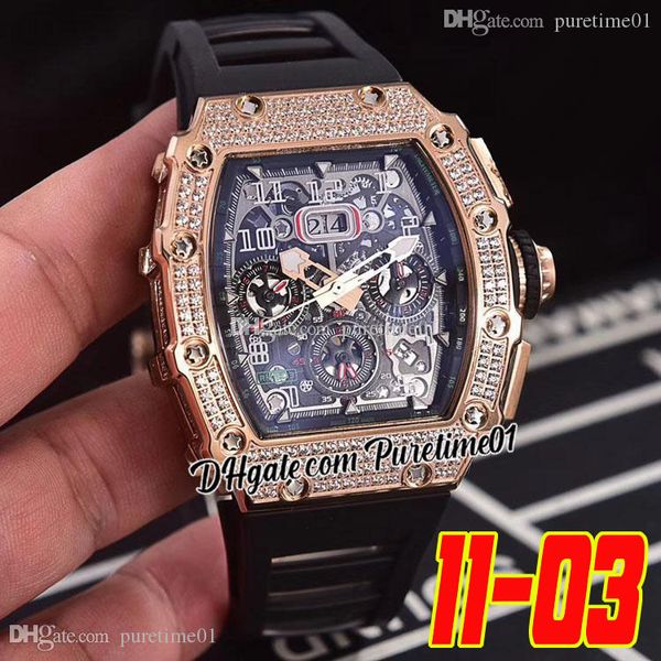 

2022 miyota automatic mens watch rose gold diamonds bezel big date black skeleton dial rubber strap super edition 6 styles puretime01 1103c3, Slivery;brown