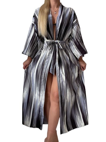 

vertical striped drop shoulder belted kimono s53p#, White;black