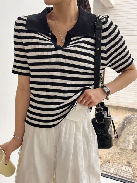 

dazy striped contrast collar knit y3rc#, White;black