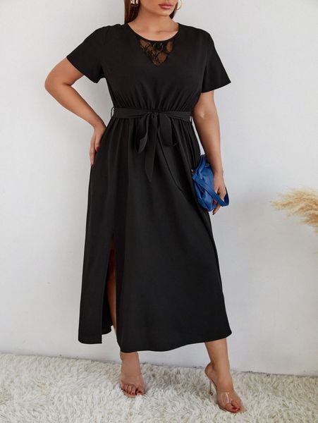 

plus lace insert split thigh belted dress 63rt#, Black