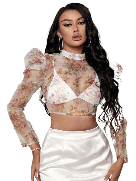 

floral print gigot sleeve sheer organza without bra n0qw#, White